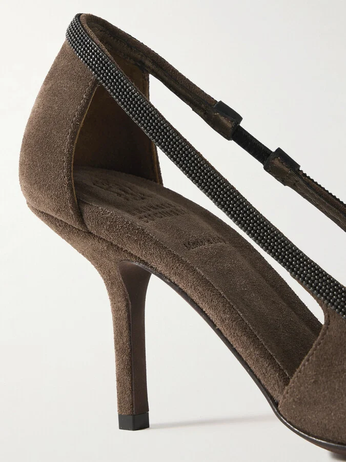 Brunello Cucinelli - Cutout Bead-embellished Suede Pumps - Brown - Image 4