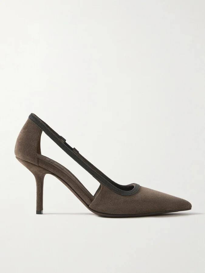 Brunello Cucinelli - Cutout Bead-embellished Suede Pumps - Brown