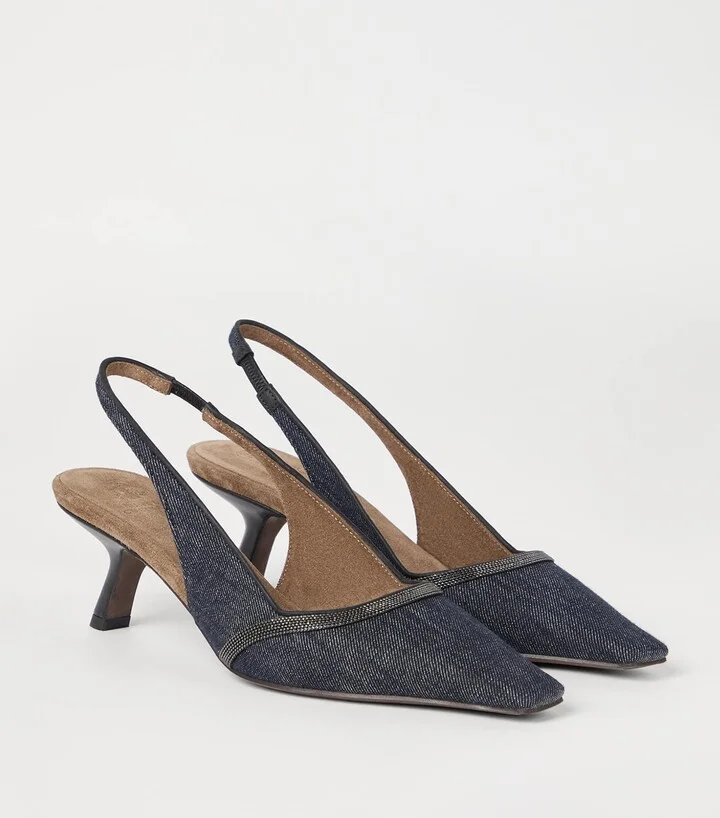 Brunello Cucinelli Denim-Effect Slingback Pumps 55 - Image 3