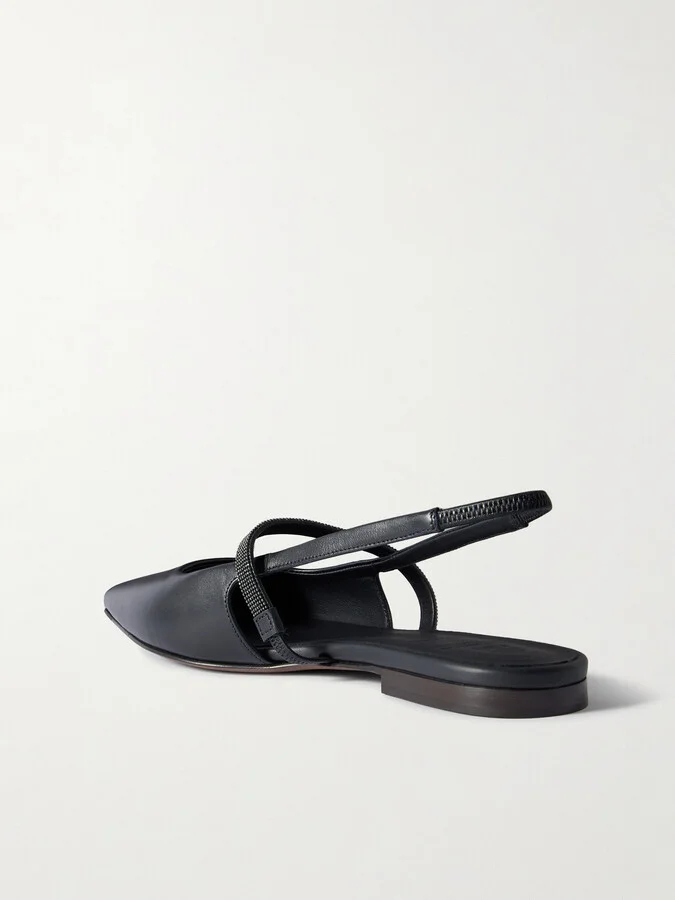 Brunello Cucinelli - Embellished Cutout Leather Slingback Ballet Flats - Black - Image 3