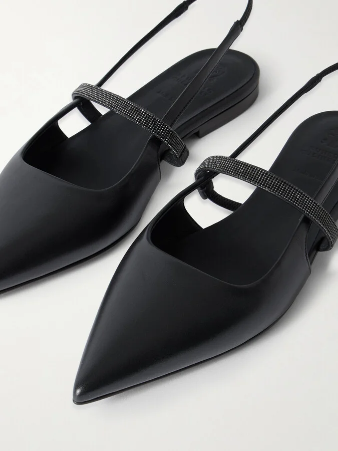 Brunello Cucinelli - Embellished Cutout Leather Slingback Ballet Flats - Black - Image 4