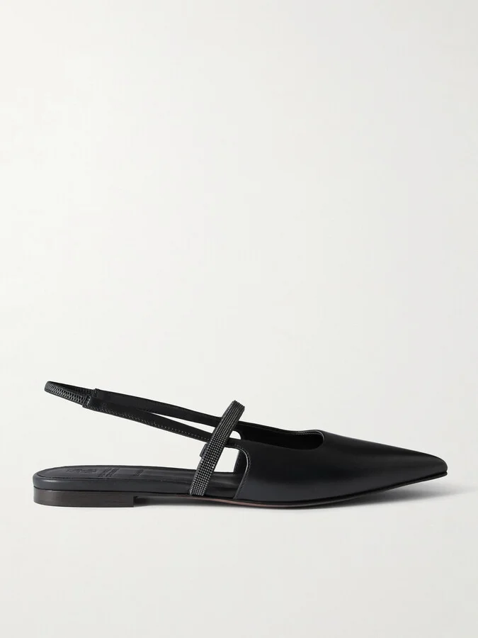 Brunello Cucinelli - Embellished Cutout Leather Slingback Ballet Flats - Black