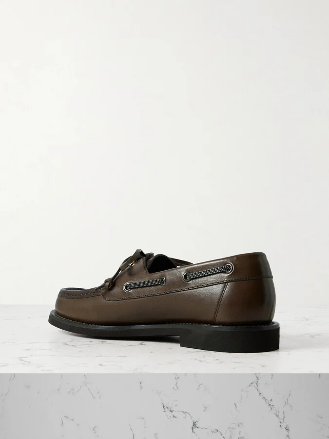 Brunello Cucinelli - Embellished Leather Boat Shoes - Brown - Image 3