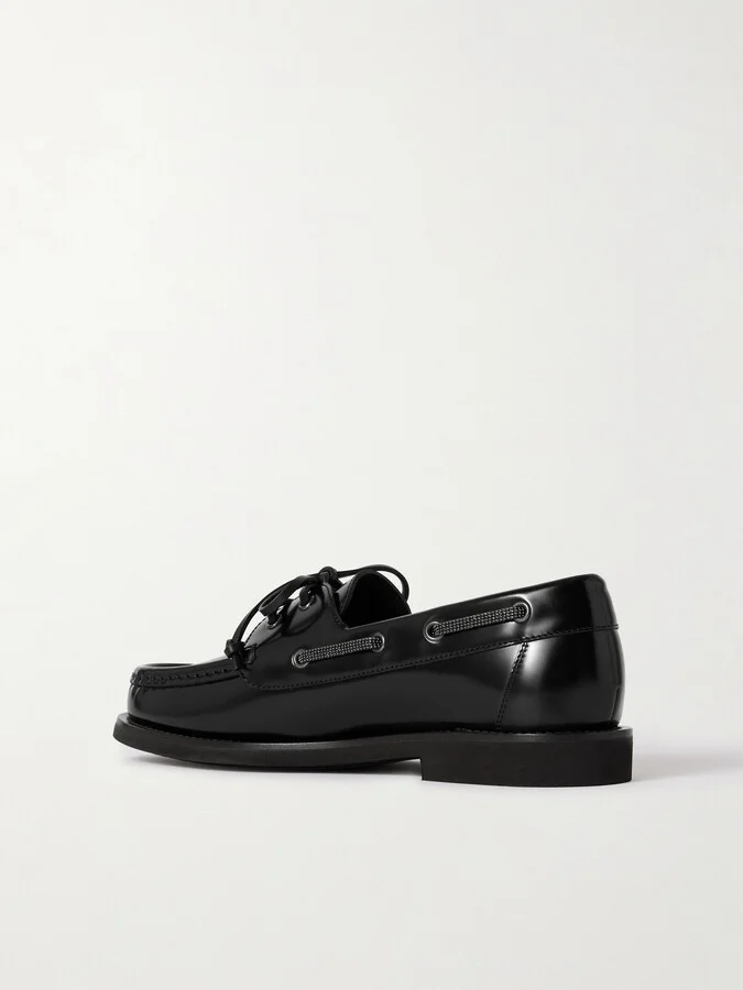 Brunello Cucinelli - Embellished Polished-leather Boat Shoes - Black - Image 3