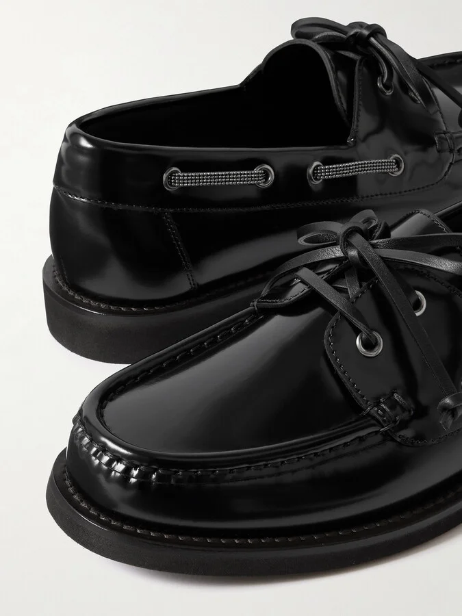 Brunello Cucinelli - Embellished Polished-leather Boat Shoes - Black - Image 4