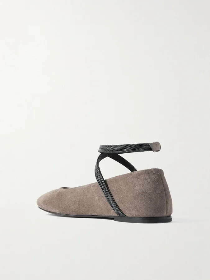 Brunello Cucinelli - Embellished Suede Ballet Flats - Gray - Image 3