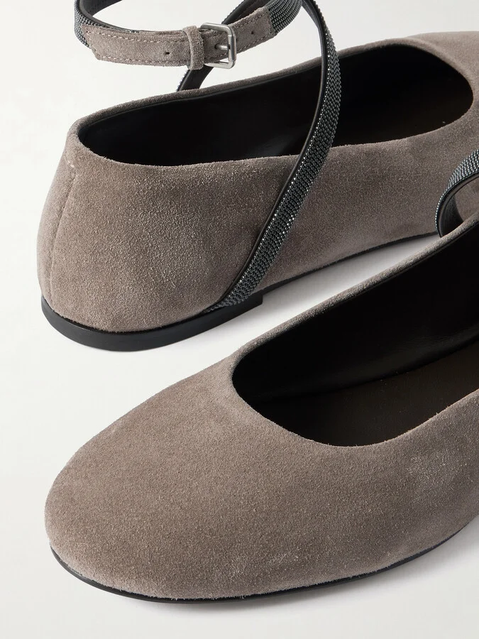 Brunello Cucinelli - Embellished Suede Ballet Flats - Gray - Image 4