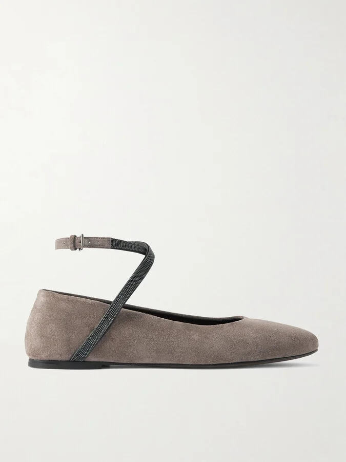 Brunello Cucinelli - Embellished Suede Ballet Flats - Gray
