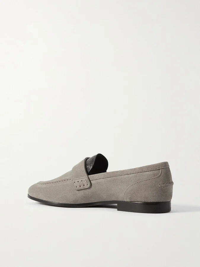 Brunello Cucinelli - Embellished Suede Loafers - Gray - Image 3