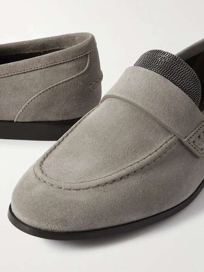 Brunello Cucinelli - Embellished Suede Loafers - Gray - Image 4