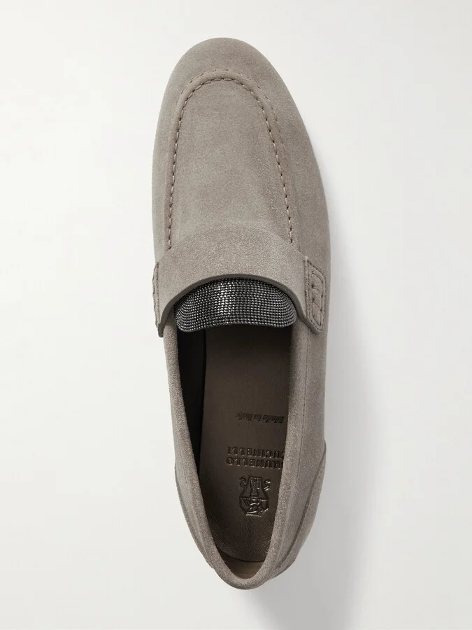 Brunello Cucinelli - Embellished Suede Loafers - Gray - Image 5