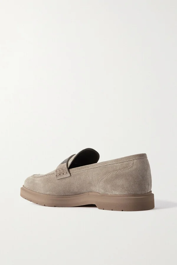Brunello Cucinelli - Embellished Suede Loafers - Gray - Image 3