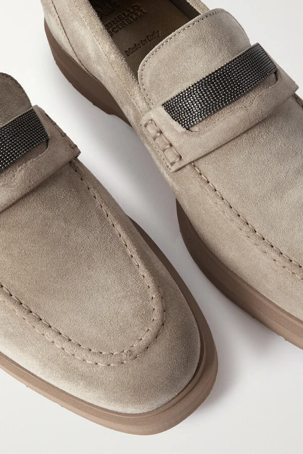 Brunello Cucinelli - Embellished Suede Loafers - Gray - Image 4