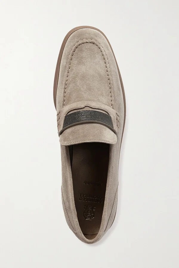 Brunello Cucinelli - Embellished Suede Loafers - Gray - Image 5