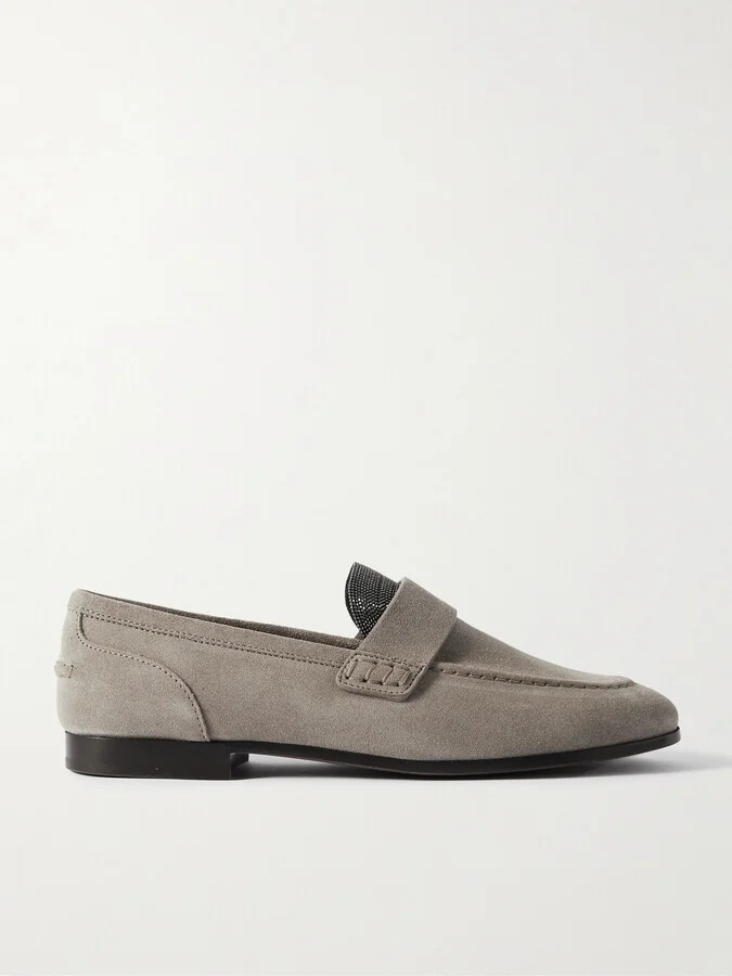 Brunello Cucinelli - Embellished Suede Loafers - Gray