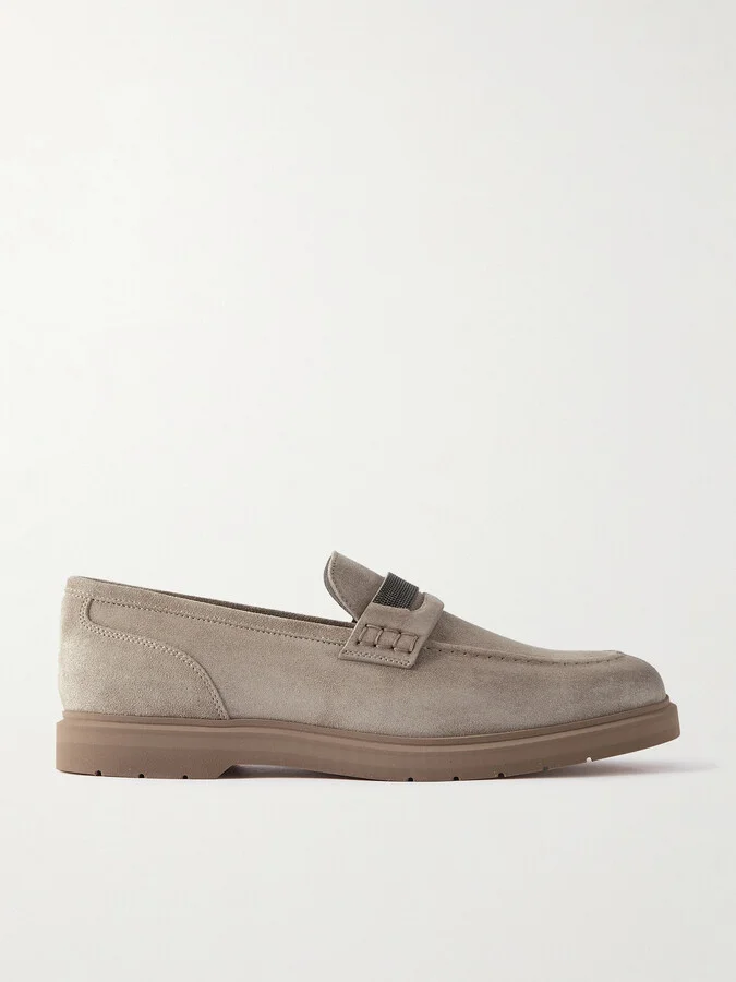 Brunello Cucinelli - Embellished Suede Loafers - Gray