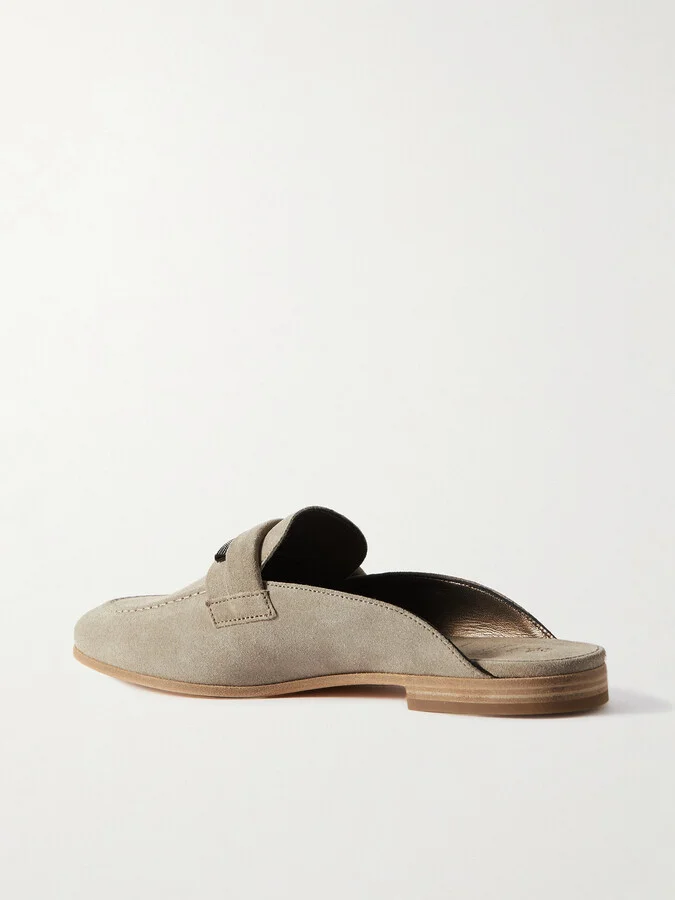 Brunello Cucinelli - Embellished Suede Slippers - Neutrals - Image 3