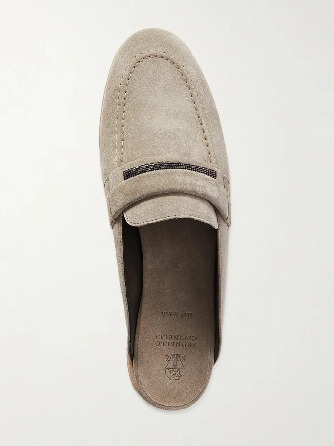 Brunello Cucinelli - Embellished Suede Slippers - Neutrals - Image 5