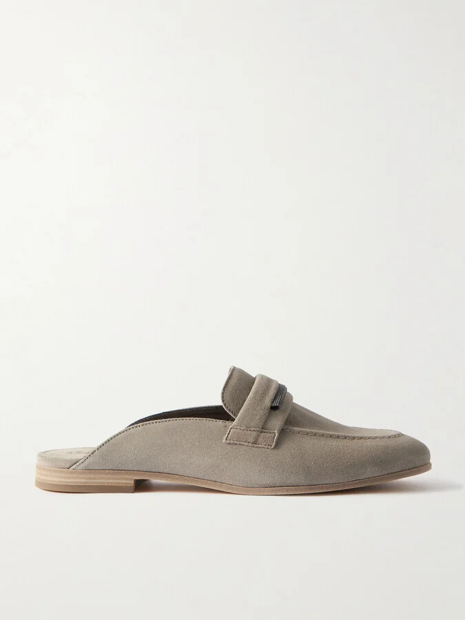 Brunello Cucinelli - Embellished Suede Slippers - Neutrals