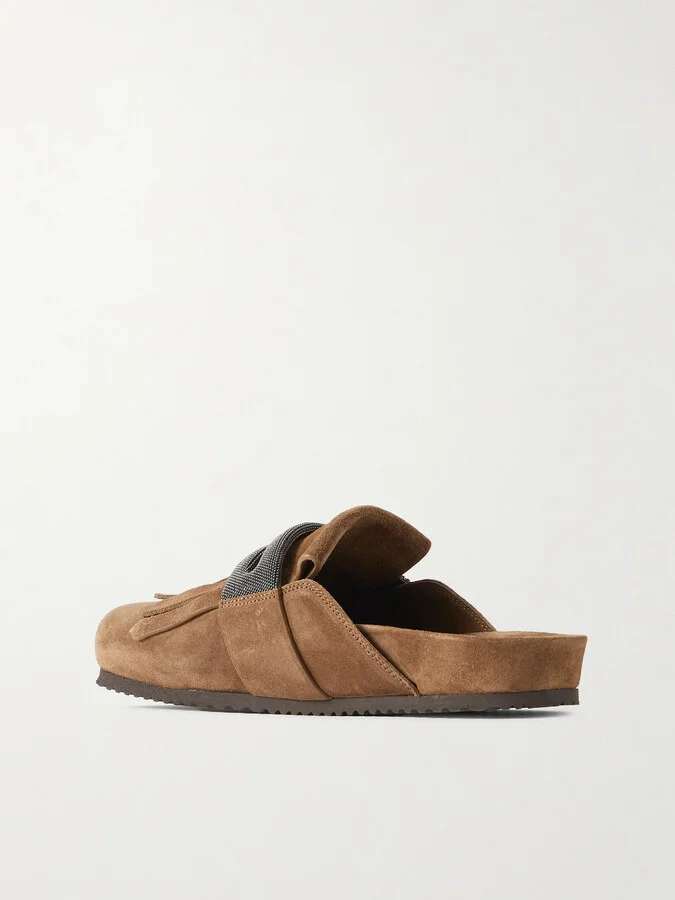Brunello Cucinelli - Fussbett Bead-embellished Fringed Suede Slippers - Brown - Image 3