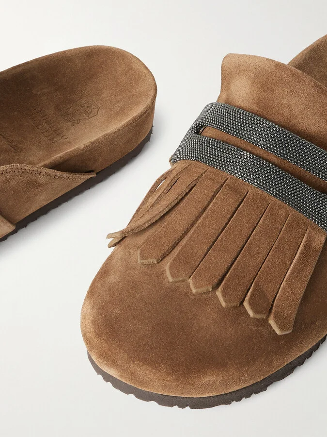 Brunello Cucinelli - Fussbett Bead-embellished Fringed Suede Slippers - Brown - Image 4