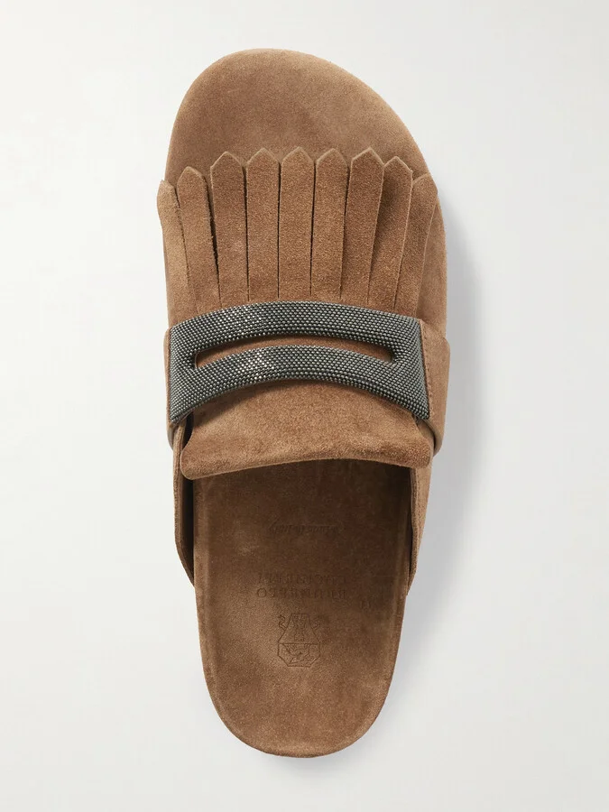 Brunello Cucinelli - Fussbett Bead-embellished Fringed Suede Slippers - Brown - Image 5