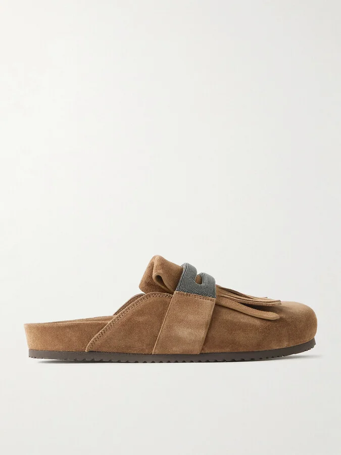 Brunello Cucinelli - Fussbett Bead-embellished Fringed Suede Slippers - Brown