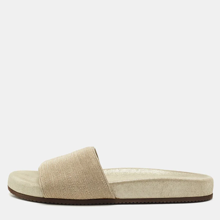 Brunello Cucinelli Gold Metal and Suede Flat Slides Size 40