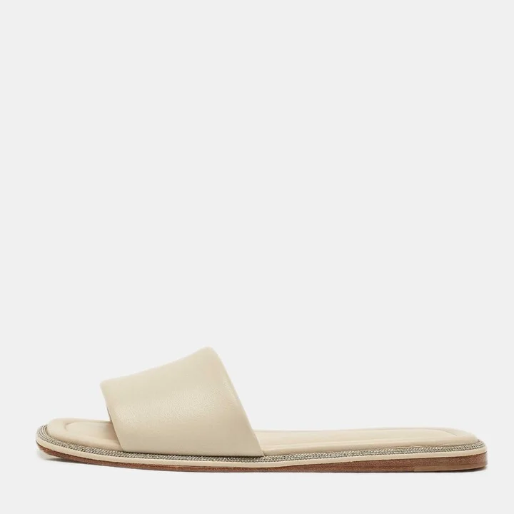 Brunello Cucinelli Grey Leather Square Toe Flat Slide Size 38