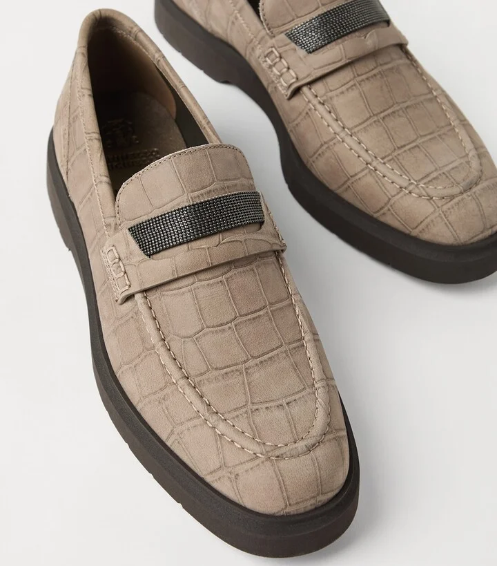 Brunello Cucinelli Leather Croc-Embossed Loafers - Image 5