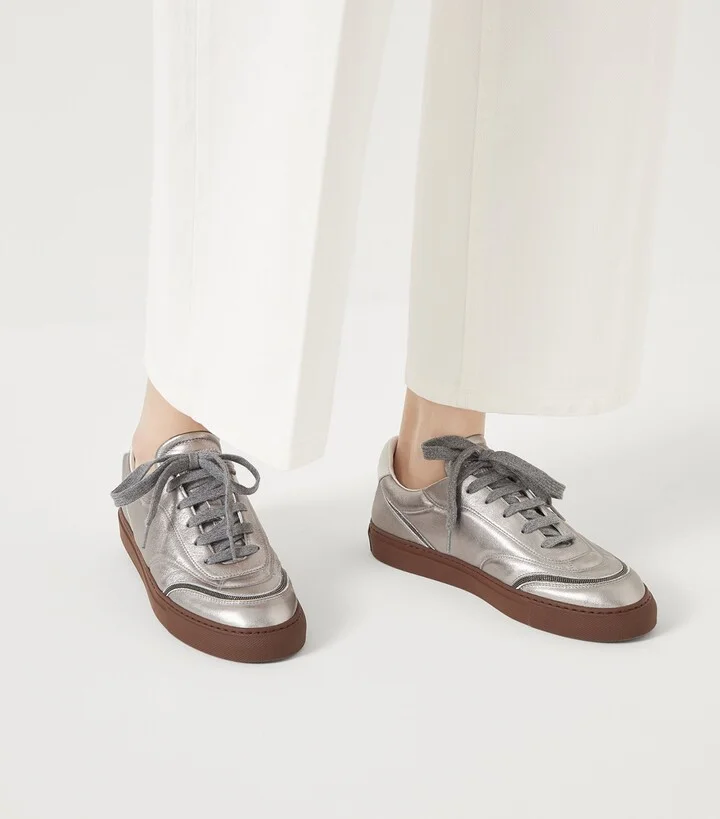Brunello Cucinelli Leather Lamé Monili-Trim Sneakers - Image 2