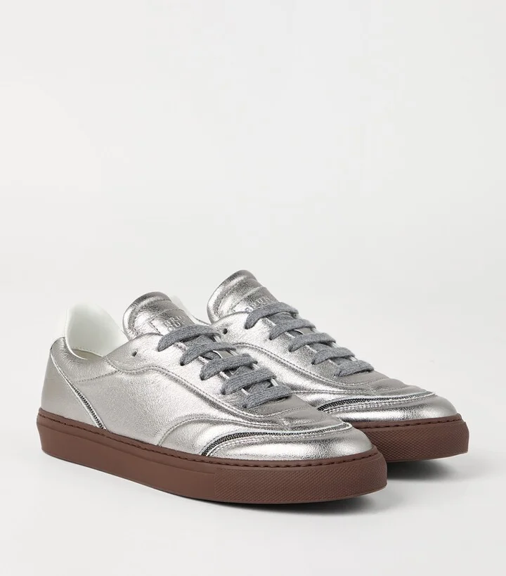 Brunello Cucinelli Leather Lamé Monili-Trim Sneakers - Image 3