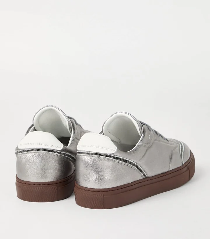 Brunello Cucinelli Leather Lamé Monili-Trim Sneakers - Image 4