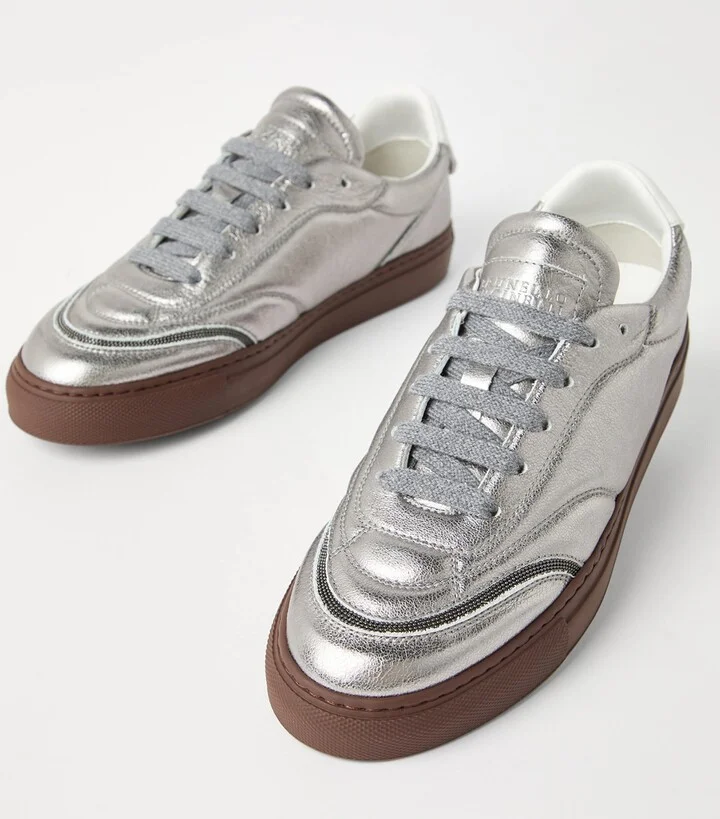 Brunello Cucinelli Leather Lamé Monili-Trim Sneakers - Image 5