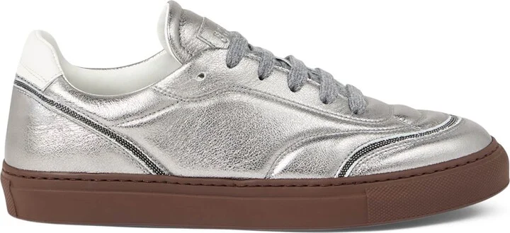 Brunello Cucinelli Leather Lamé Monili-Trim Sneakers