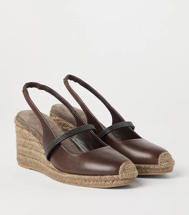 Brunello Cucinelli Leather Precious Strap Espadrille Wedges 60 - Image 2