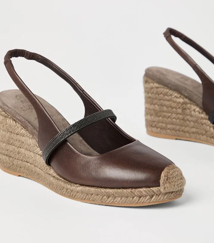 Brunello Cucinelli Leather Precious Strap Espadrille Wedges 60 - Image 6