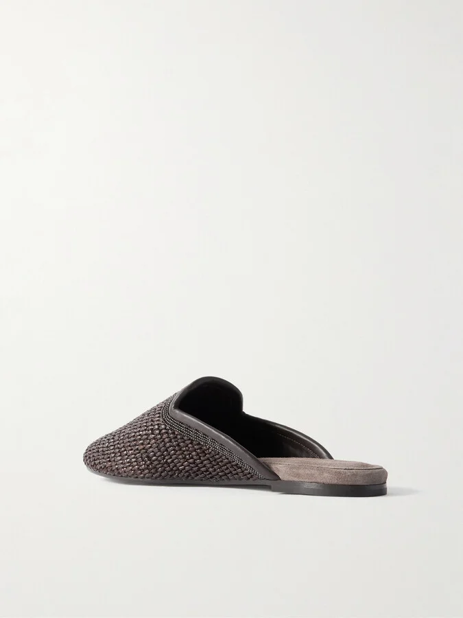 Brunello Cucinelli - Leather-trimmed Bead-embellished Raffia Slippers - Brown - Image 3