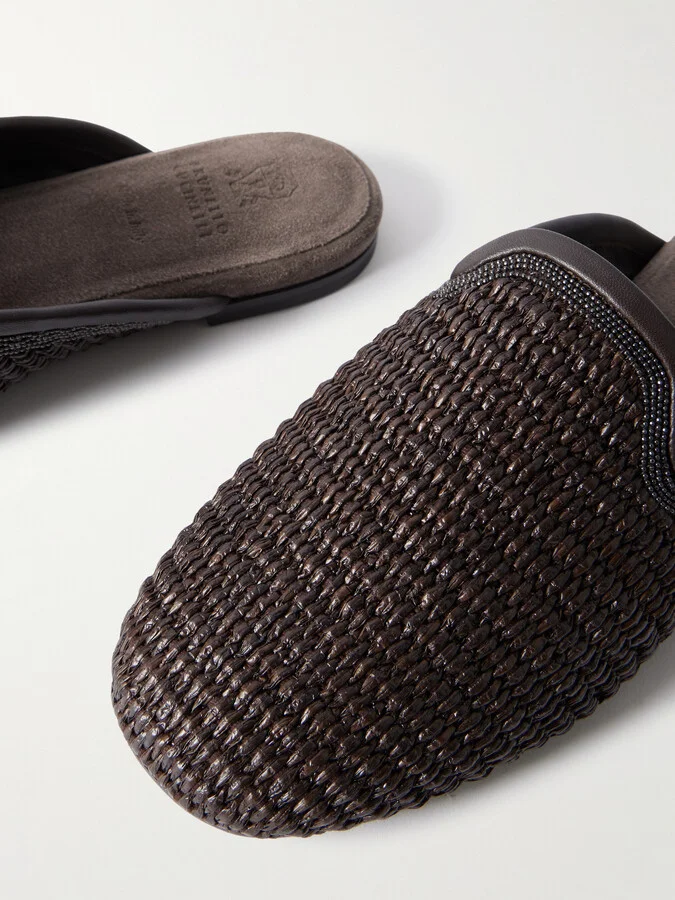 Brunello Cucinelli - Leather-trimmed Bead-embellished Raffia Slippers - Brown - Image 4