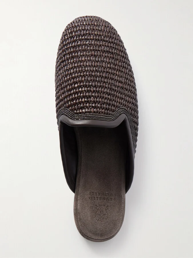Brunello Cucinelli - Leather-trimmed Bead-embellished Raffia Slippers - Brown - Image 5