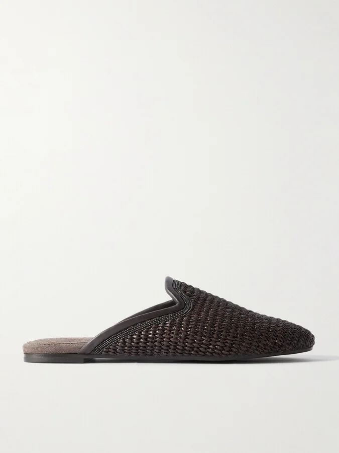 Brunello Cucinelli - Leather-trimmed Bead-embellished Raffia Slippers - Brown