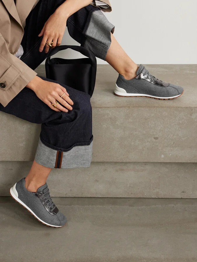 Brunello Cucinelli - Metallic Leather-trimmed Wool Sneakers - Gray - Image 2