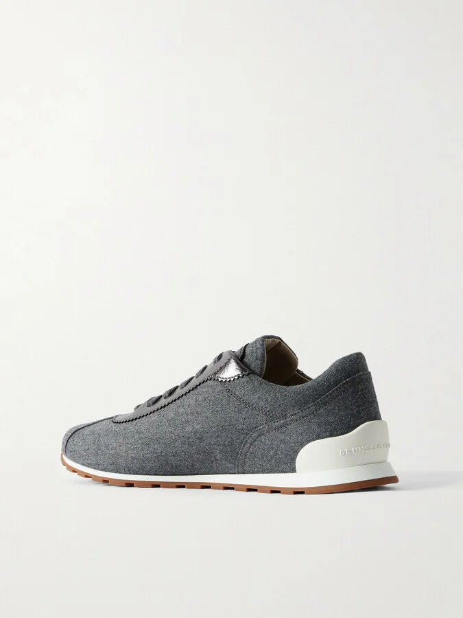 Brunello Cucinelli - Metallic Leather-trimmed Wool Sneakers - Gray - Image 3