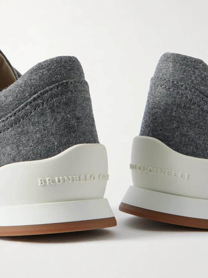 Brunello Cucinelli - Metallic Leather-trimmed Wool Sneakers - Gray - Image 4