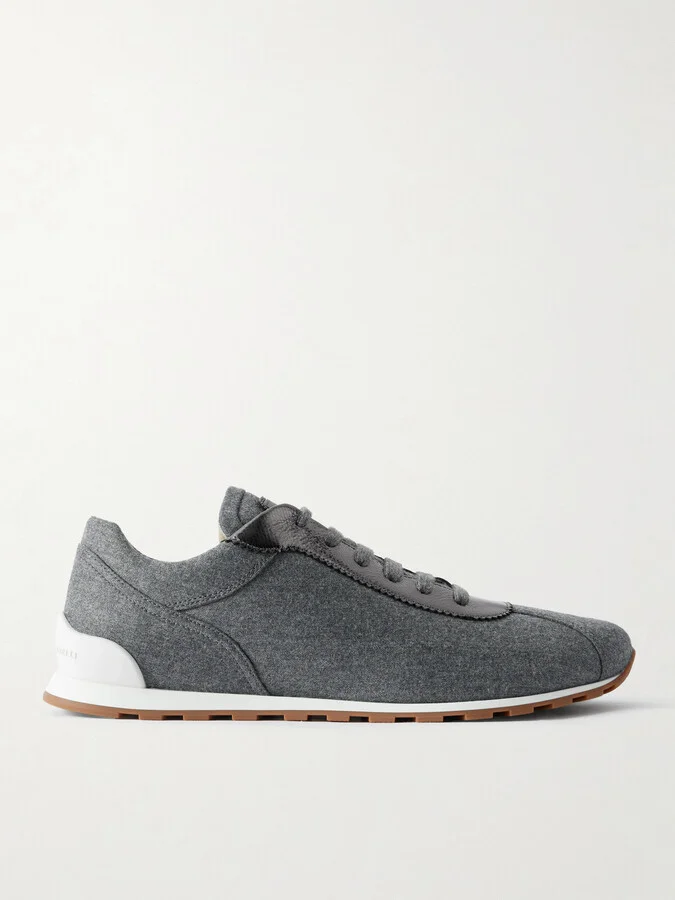Brunello Cucinelli - Metallic Leather-trimmed Wool Sneakers - Gray