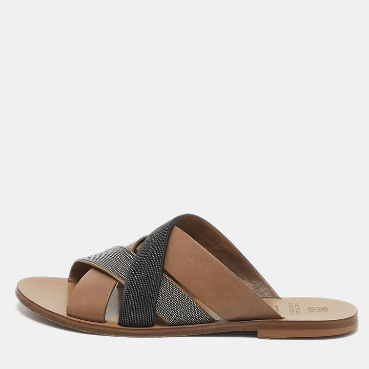 Brunello Cucinelli Multicolor Beads and Leather Crossover Flat Sandals Size 40