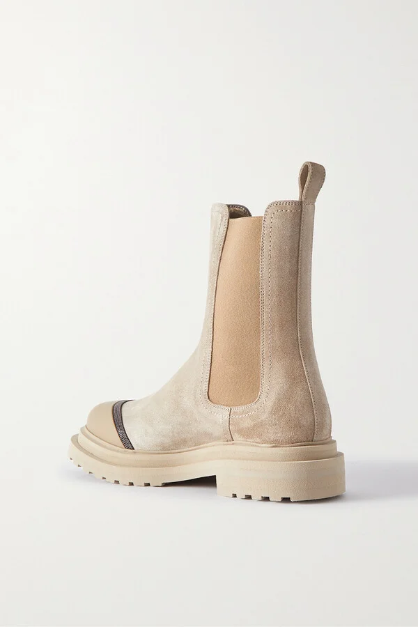 Brunello Cucinelli - Rubbed-trimmed Bead-embellished Suede Chelsea Boots - Brown - Image 3
