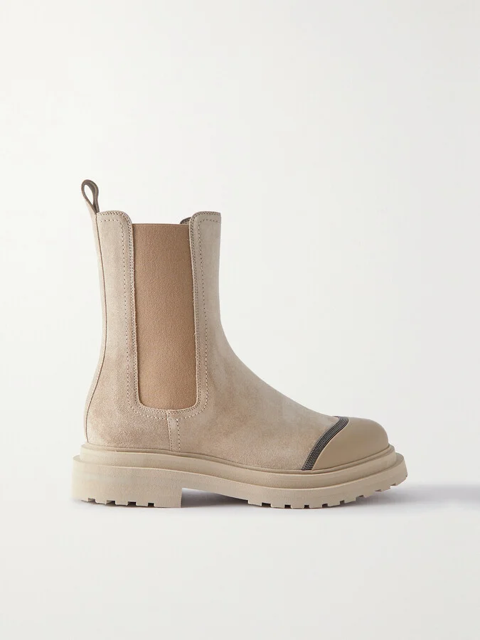 Brunello Cucinelli - Rubbed-trimmed Bead-embellished Suede Chelsea Boots - Brown