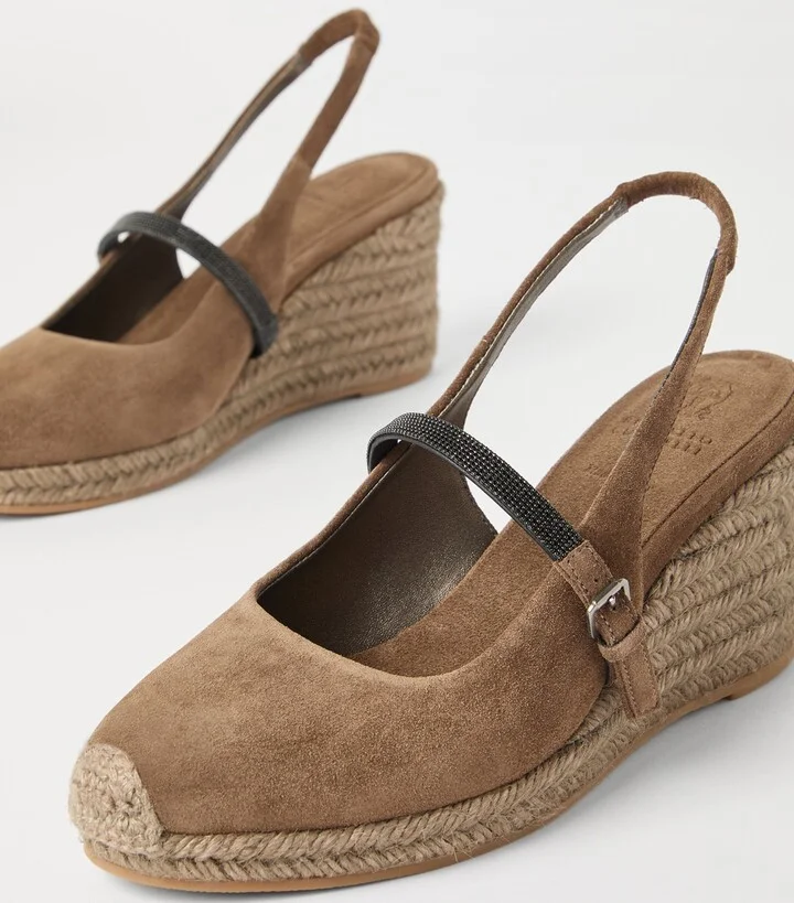 Brunello Cucinelli Suede Precious Strap Espadrille Wedges 60 - Image 6
