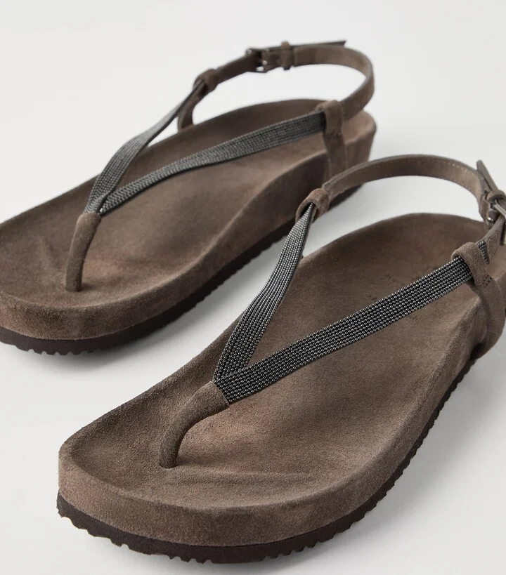 Brunello Cucinelli Suede Precious Strap Sandals - Image 5